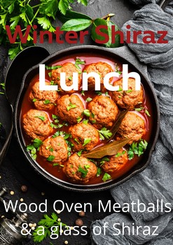 Wood Oven Meatballs with glass of Shiraz, Hatrock Sunday